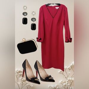 Calvin Klein Red Long Sleeve Dress with Black Accents